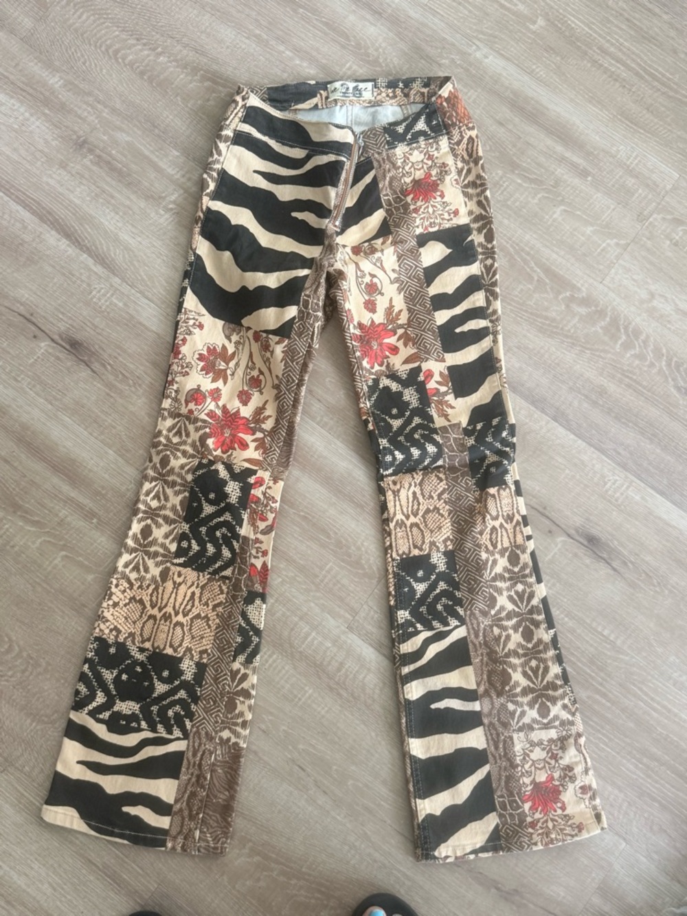 We The Free Beige Multi Patchwork Flare Pants with Black & Red Accents